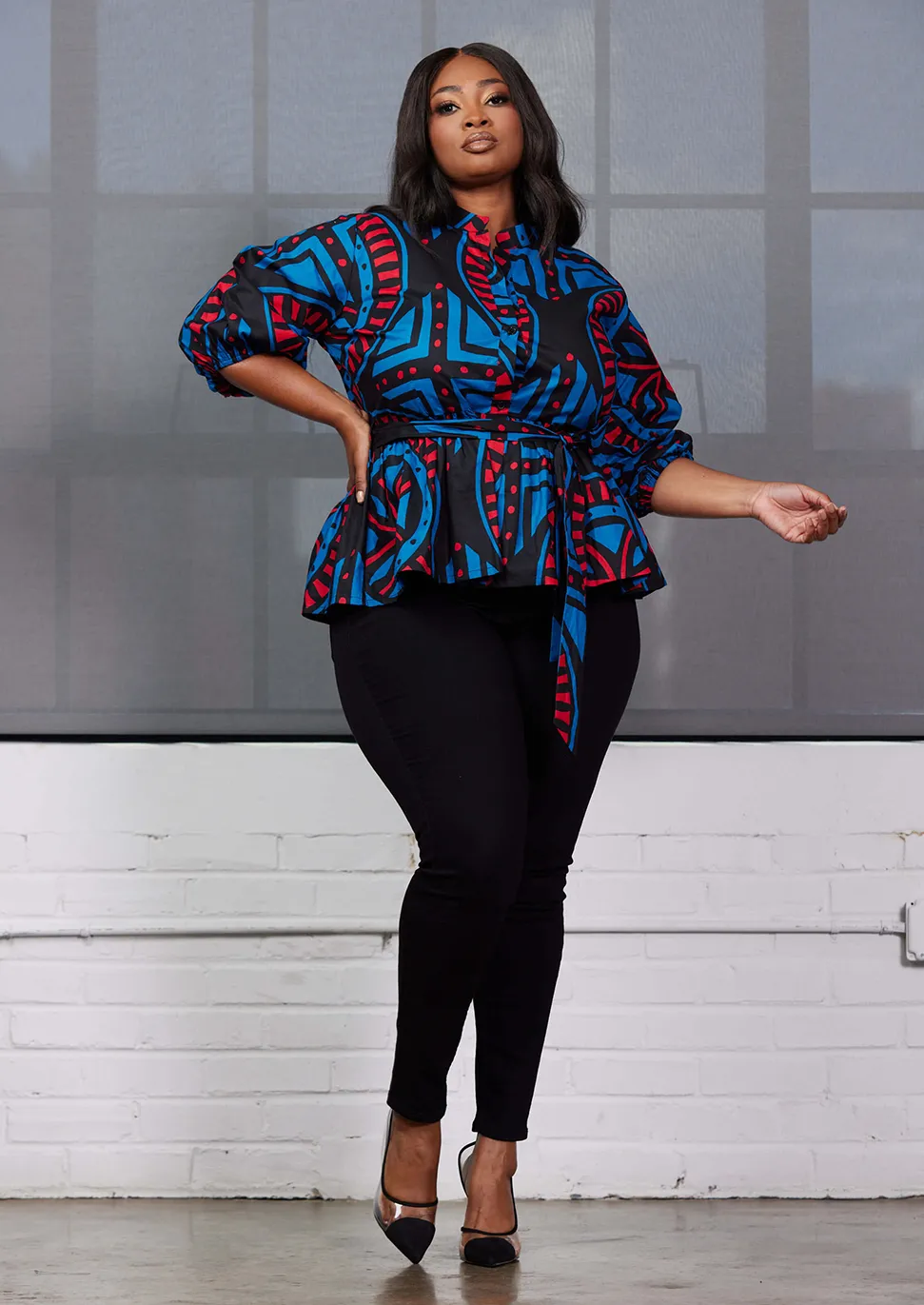 Aega Women's African Print Peplum Blouse (Blue Red Tiles) - Clearance