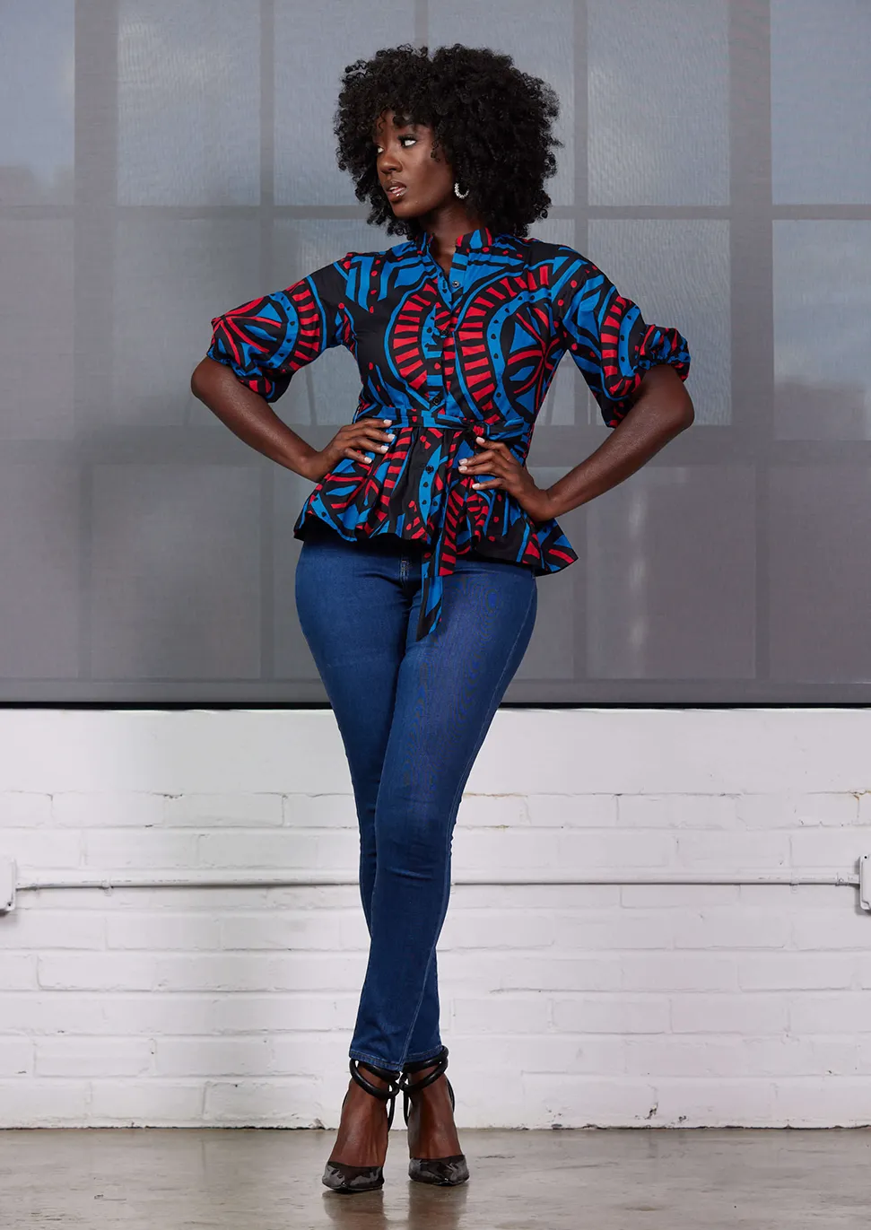 Aega Women's African Print Peplum Blouse (Blue Red Tiles) - Clearance