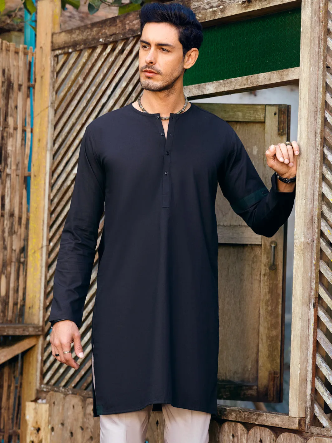 Black Cotton Kurta - AL-K-1065