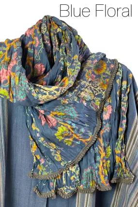 Blue Floral Crinkle Cotton Scarf