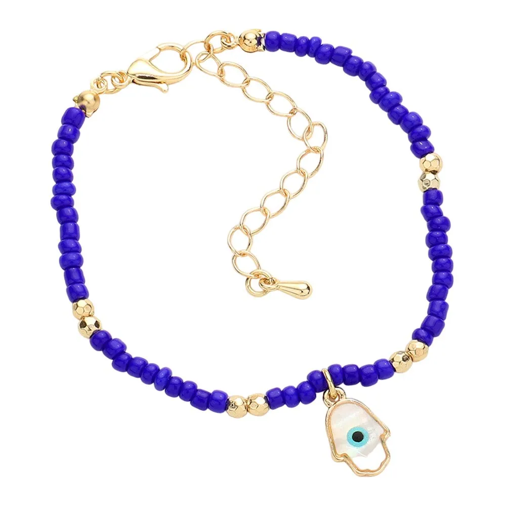 Evil Eye Centered Hamsa Hand Charm Seed Beaded Bracelet