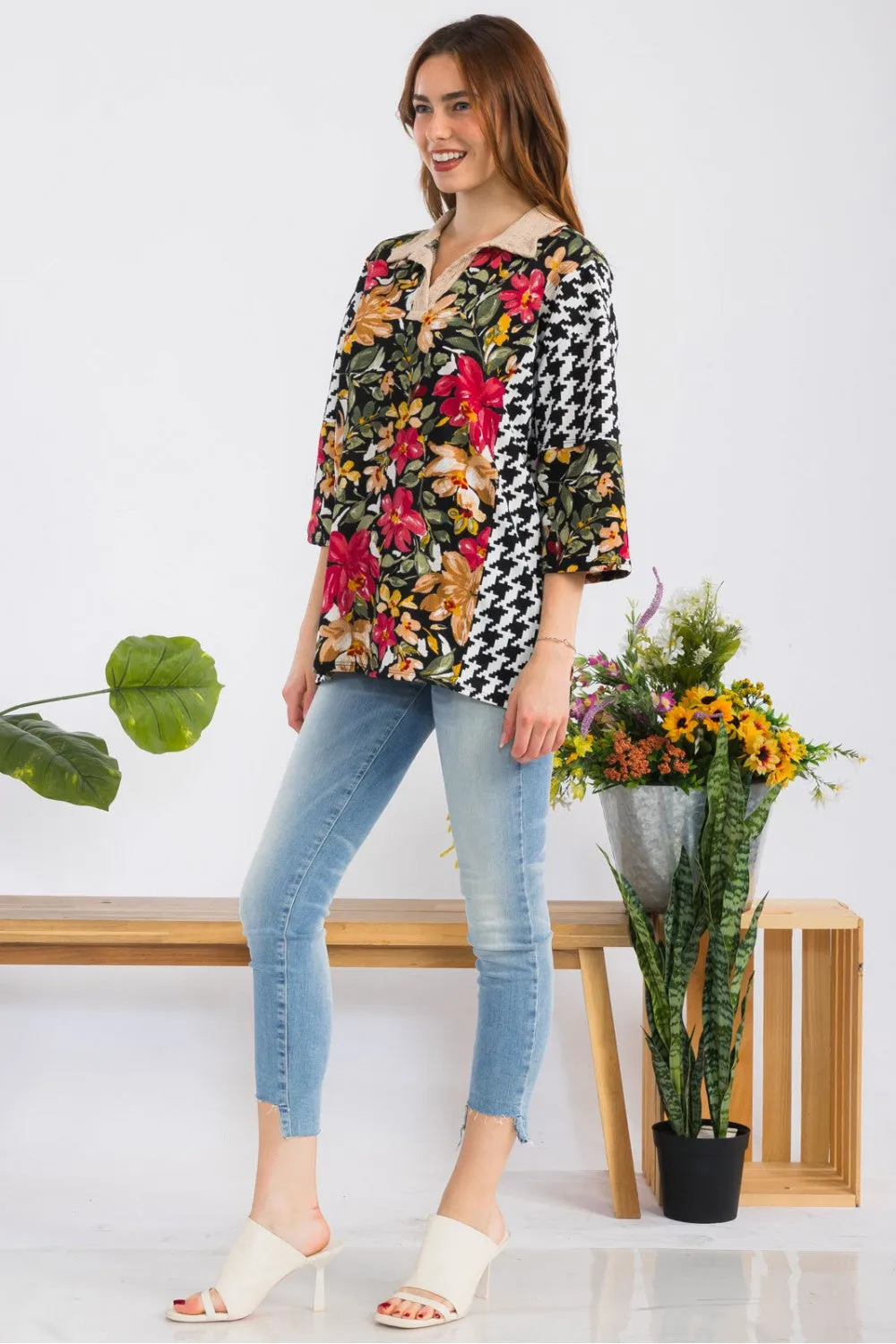 Floral Print Colorblock Split Neck Collared Top - Black/Floral