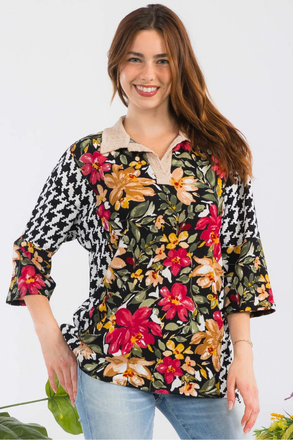 Floral Print Colorblock Split Neck Collared Top - Black/Floral