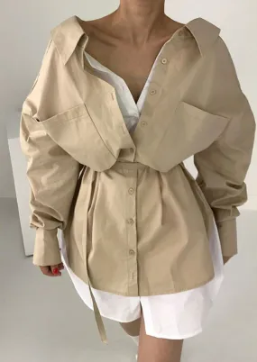 Layered Oversized Shirt Dress in Beige