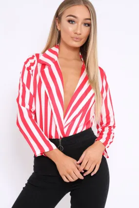 Red & White Striped Open Collar Bodysuit - Torie